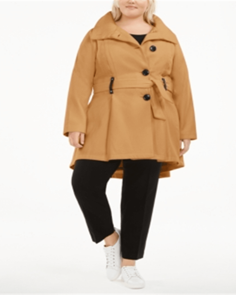 Front of a model wearing a size 2XL Madden Girl Junior's Plus Skirted Belted Coat Brown Size 2XL in Brown by Madden Girl. | dia_product_style_image_id:310693